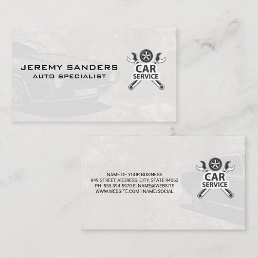 車のサービス |レンチとタイヤ |車クラシック車 名刺 (正面/裏面)