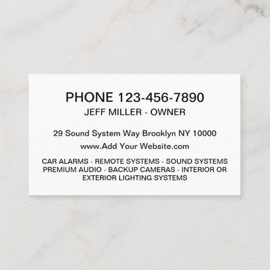 車のセキュリティとサウンドシステム 名刺 (裏面)