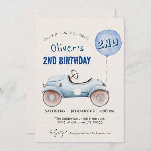 車のテーマ少年2歳の誕生日 招待状 (正面/裏面)
