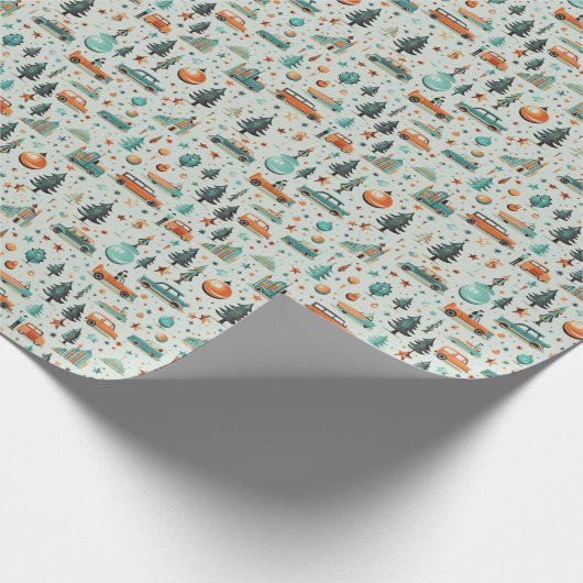 車のトラックのクリスマスツリーが緑のクリスマス ラッピングペーパー (角)