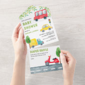 車のトラックスクーター車両輸送ベビーシャワー オールインワン招待状 (貼ってはがせる)