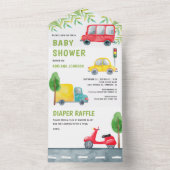 車のトラックスクーター車両輸送ベビーシャワー オールインワン招待状 (内側)