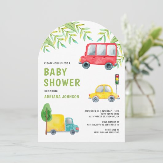 車のトラックスクーター車両輸送ベビーシャワー 招待状 (スタンド正面)
