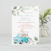 車のドットの中の動物のフローラはベビーシャワーでドライブ 招待状 (スタンド正面)