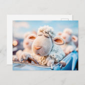 車のハンドルイラストレーションで眠る羊 シーズンポストカード (正面/裏面)