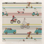 車のパターンで移動する犬 ガラスコースター (正面)