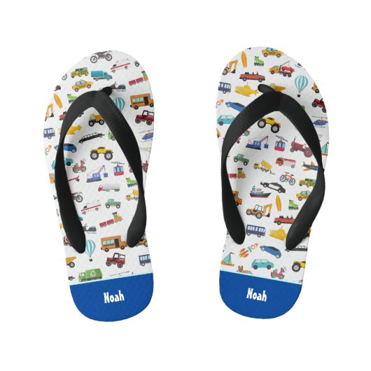 車のパターンを動かす小さな男の子 キッズビーチサンダル (フットベッド)