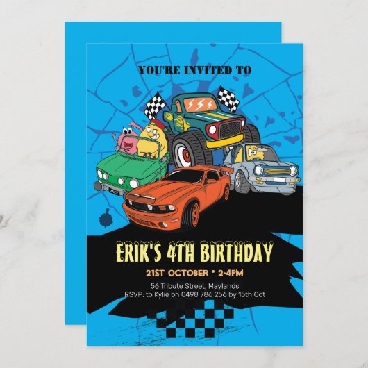 車のパーティの招待状、車の誕生日の招待 招待状 (正面/裏面)