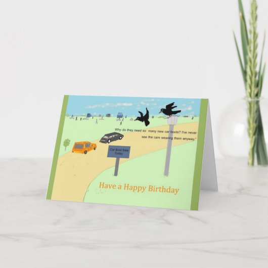 車のブーツ販売でカラス。誕生日カード カード (正面)