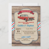 車のベビークラシックシャワーの招待状。ヴィンテージ赤 招待状 (正面)