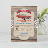 車のベビークラシックシャワーの招待状。ヴィンテージ赤 招待状 (スタンド正面)