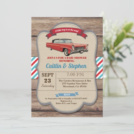 車のベビークラシックシャワーの招待状。ヴィンテージ赤 招待状 (スタンド正面)