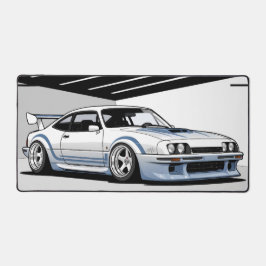 車のモダン文化、白い車の青のストライプ デスクマット