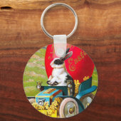 車のヴィンテージフローラとカッコいいイースターバニー キーホルダー (正面)