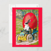 車のヴィンテージフローラとカッコいいイースターバニー シーズンポストカード (正面/裏面)