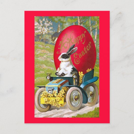 車のヴィンテージフローラとカッコいいイースターバニー シーズンポストカード (正面)