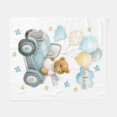 車の上で水色かわいいテディベア フリースブランケット (正面(横))