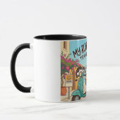 車の上の猫の面白い漫画アート マグカップ (左)