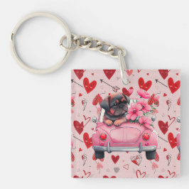 車の中で犬とハート キーホルダー