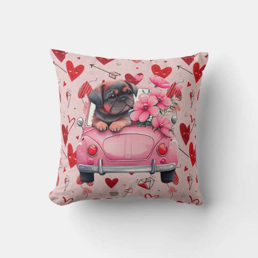 車の中で犬とハート クッション (正面)
