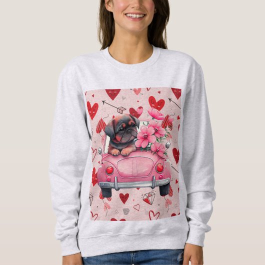 車の中で犬とハート スウェットシャツ (正面)