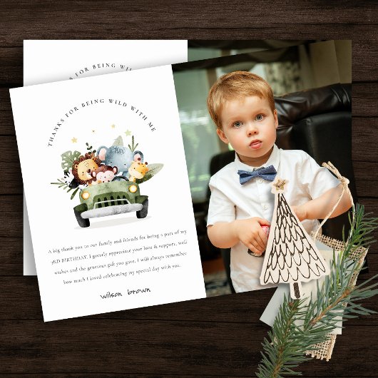 車の中で野生の熱帯ジャングル動物の誕生日写真 サンキューカード