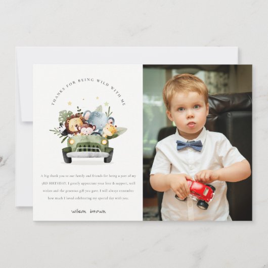 車の中で野生の熱帯ジャングル動物の誕生日写真 サンキューカード (正面)