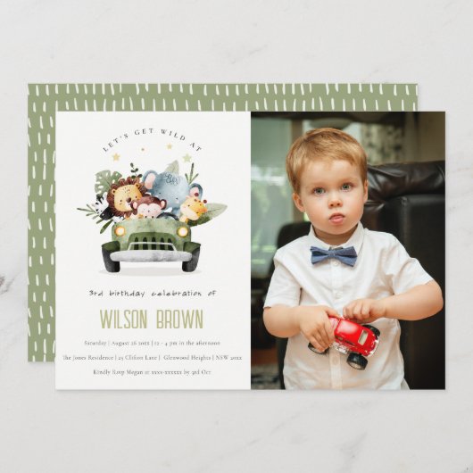 車の中で野生の熱帯ジャングル動物の誕生日写真 招待状 (正面/裏面)