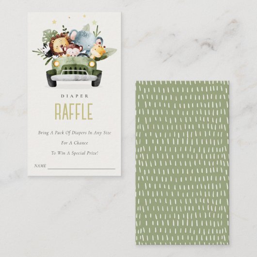 車の中のジャングル動物おむつラッフルベビーシャワー エンクロージャーカード (正面/裏面)