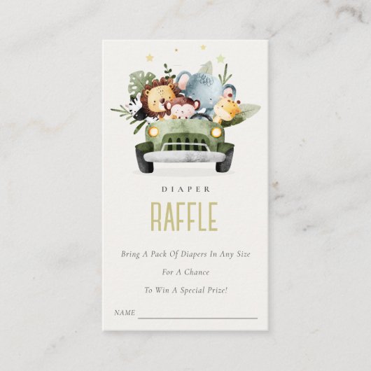 車の中のジャングル動物おむつラッフルベビーシャワー エンクロージャーカード (正面)