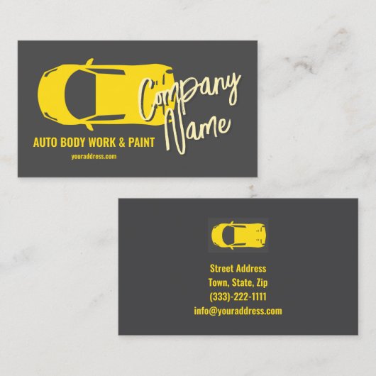 車の体作業絵を描と黄色い車のトップから 名刺 (正面/裏面)