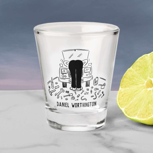 車の修理とサービスの漫画。 ショットグラス