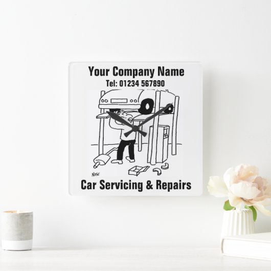 車の修理/修理用漫画 スクエア壁時計 (ホーム)