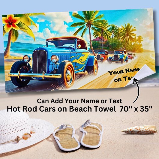 車の恋人のためのサーフビーチ上の青いホットロッド ビーチタオル