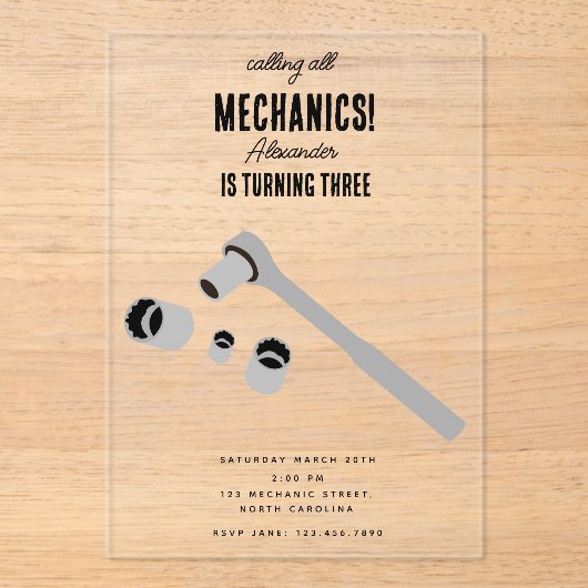 車の整備士車のツールボーイバースデーパーティー アクリル招待状 (正面)