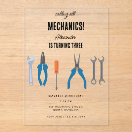 車の整備士車のツールボーイバースデーパーティー アクリル招待状