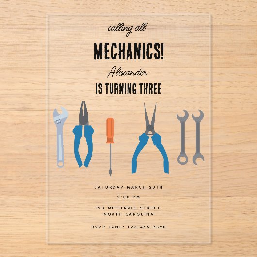 車の整備士車のツールボーイバースデーパーティー アクリル招待状 (正面)