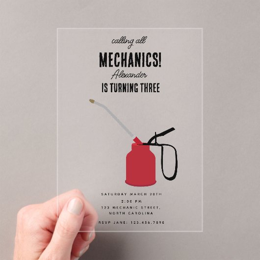 車の整備士車のツールボーイバースデーパーティー アクリル招待状 (インサイチュ (ポータブル))