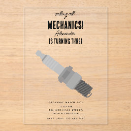 車の整備士車のツールボーイバースデーパーティー アクリル招待状