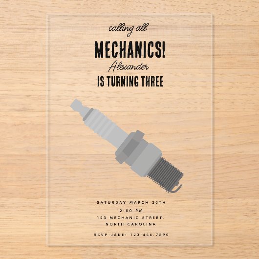 車の整備士車のツールボーイバースデーパーティー アクリル招待状 (正面)