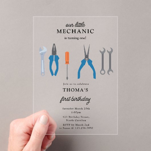 車の整備士車のツールボーイファースト誕生日 アクリル招待状 (インサイチュ (ポータブル))