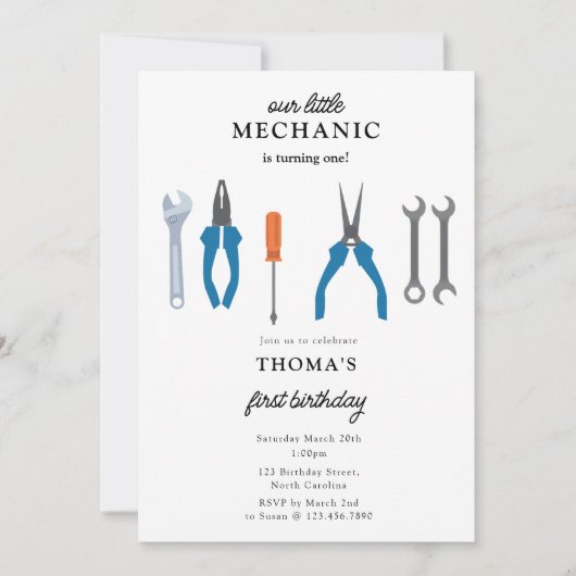 車の整備士車のツールボーイファースト誕生日 招待状 (正面)