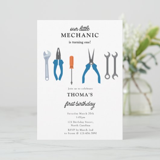 車の整備士車のツールボーイファースト誕生日 招待状 (スタンド正面)