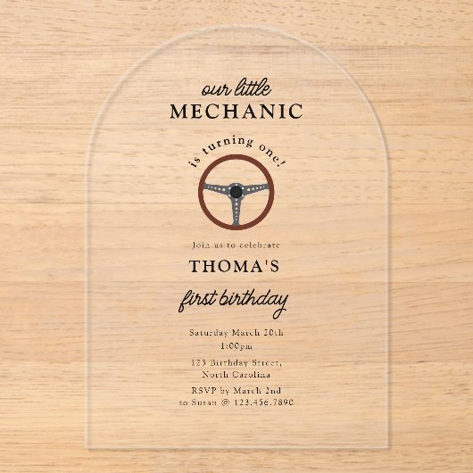 車の整備士車のツールボーイ子供の誕生日 アクリル招待状 (正面)