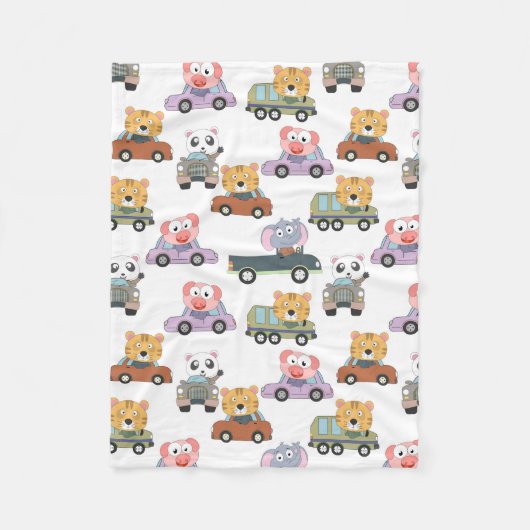 車の柄のかわいい動物 フリースブランケット (正面)