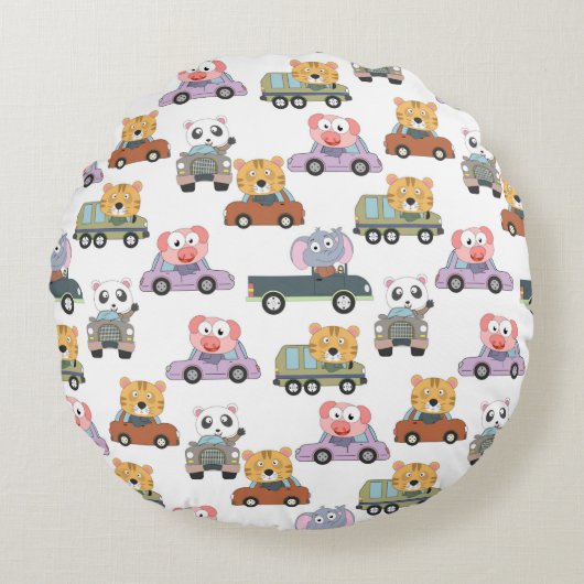車の柄のかわいい動物 ラウンドクッション (正面)