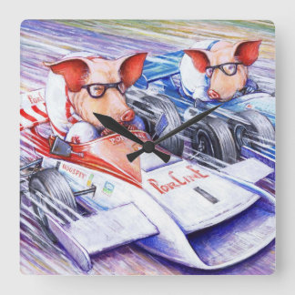 車の柱時計を運転しているブタ スクエア壁時計