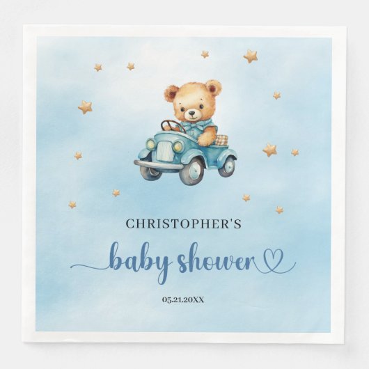 車の男の子の赤ちゃんシャワーでテディベア (正面)