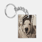 車の窓をかいま見ている犬 キーホルダー (正面左)