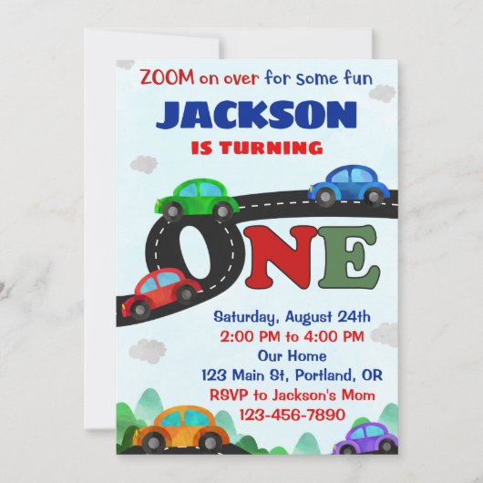 車の誕生日の招待ドライバボーイ最初の誕生日 招待状 (正面)